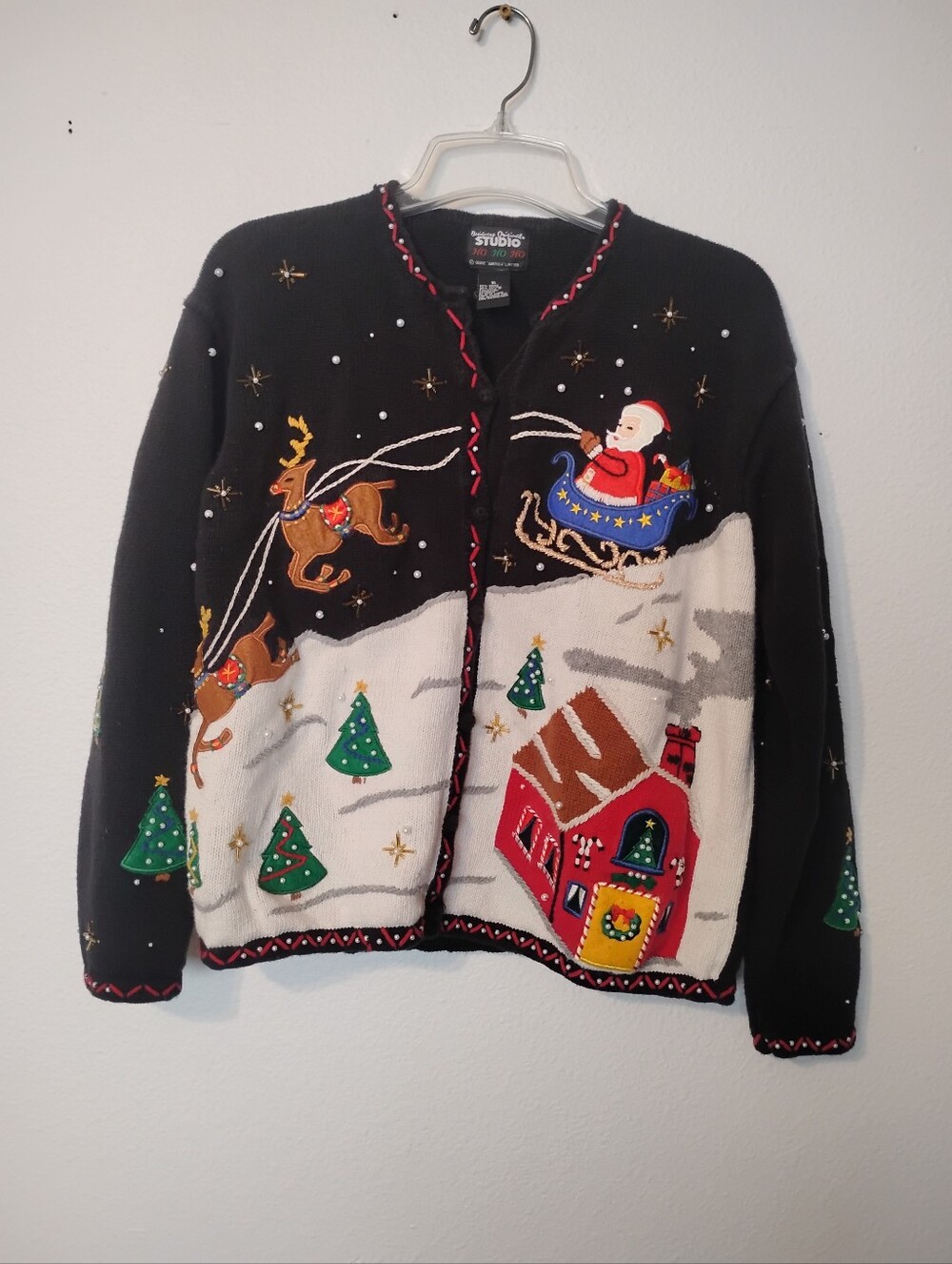 Designer Originals Santa Sleigh Reindeer Christmas Bead Button Up Sweater